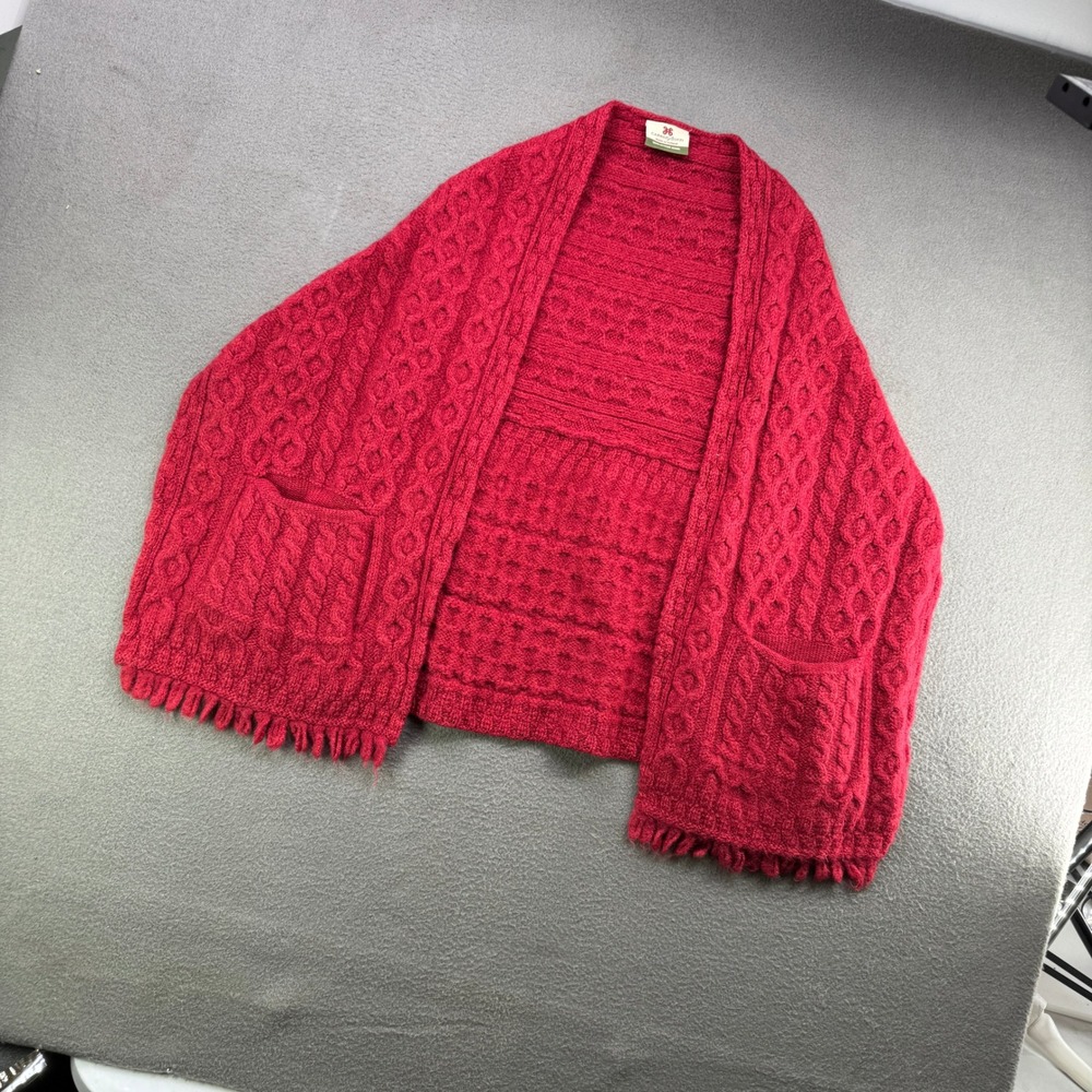 Carraig Donn Shawl Wrap Women OS Red Cable Knit Merino Wool Fringe Fisherman - Picture 2 of 8